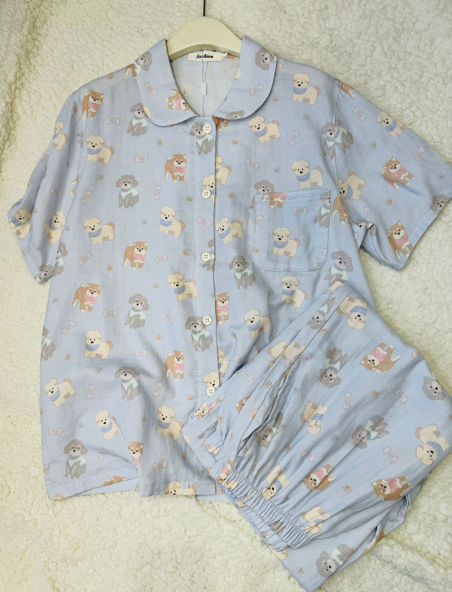 A类全棉春夏季双层棉纱睡衣女可爱狗狗短袖短裤学生纯棉家居服 16