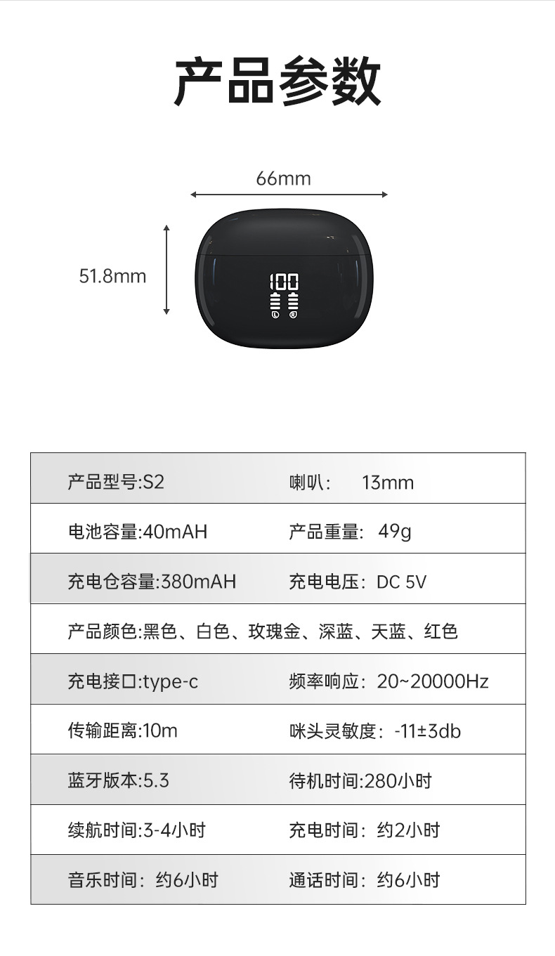 跨境专供蓝牙耳机S2耳机无线蓝牙降噪不漏音LED显示屏智能耳塞式 13