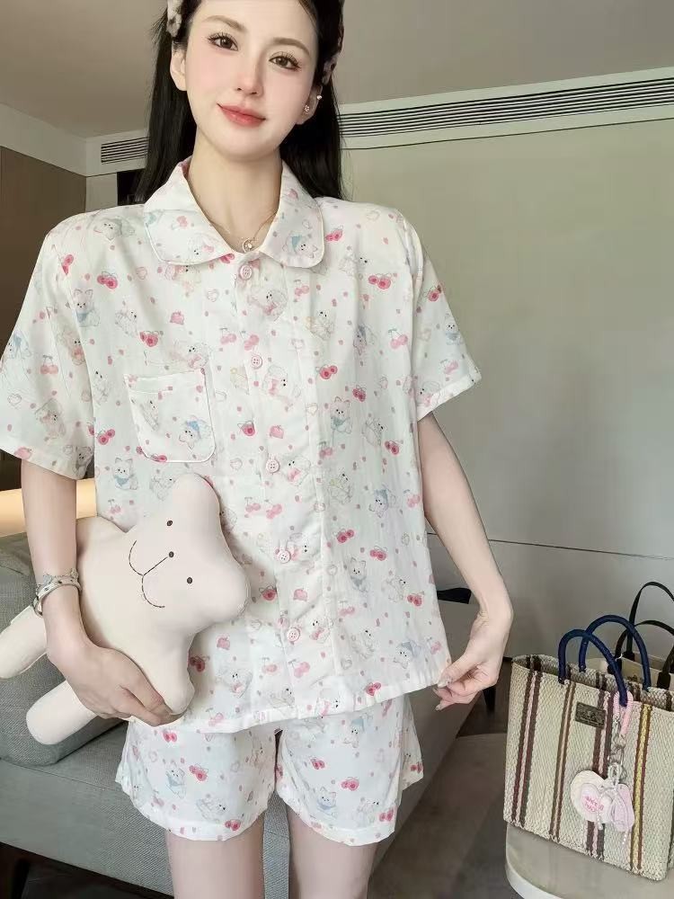 A类全棉春夏季双层棉纱睡衣女可爱狗狗短袖短裤学生纯棉家居服 34