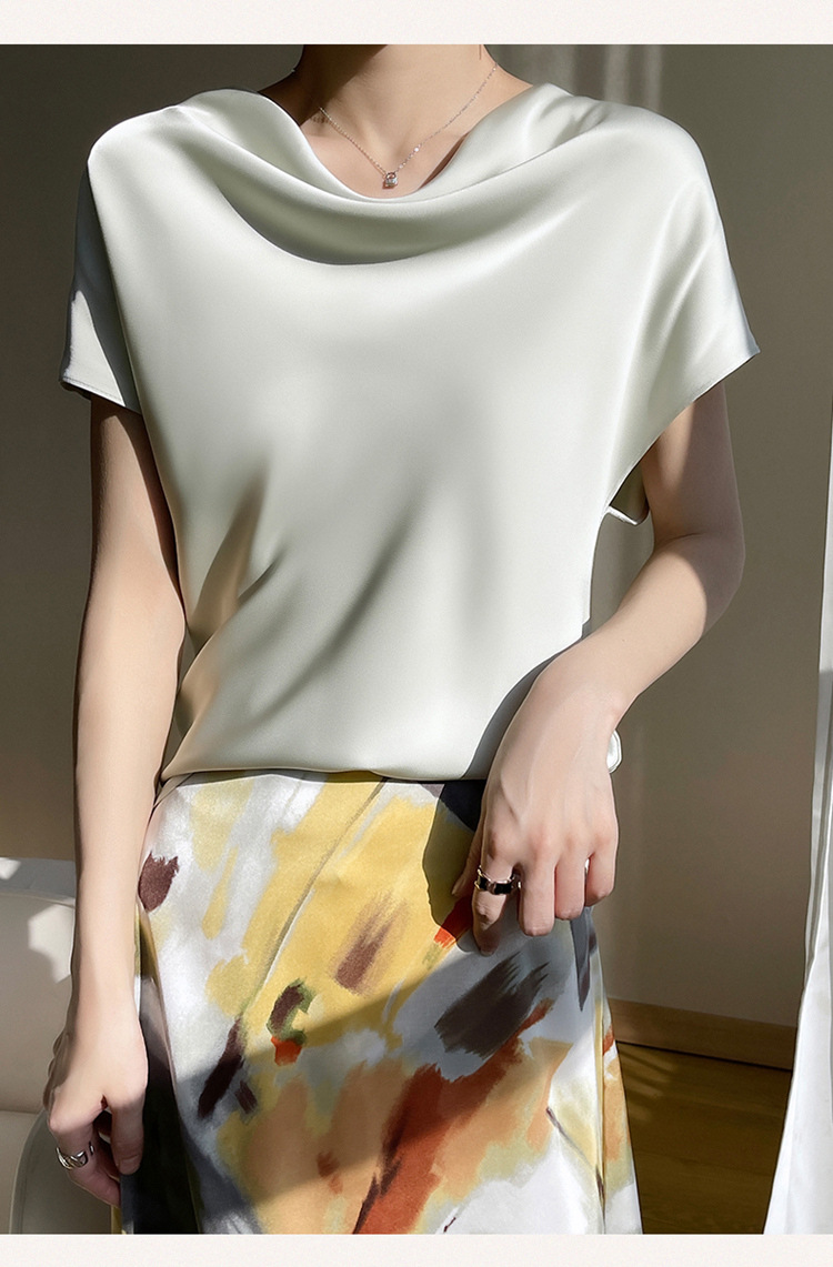 2024春夏季新款女装时尚堆堆领短袖T恤洋气缎面显瘦气质百搭上衣 20
