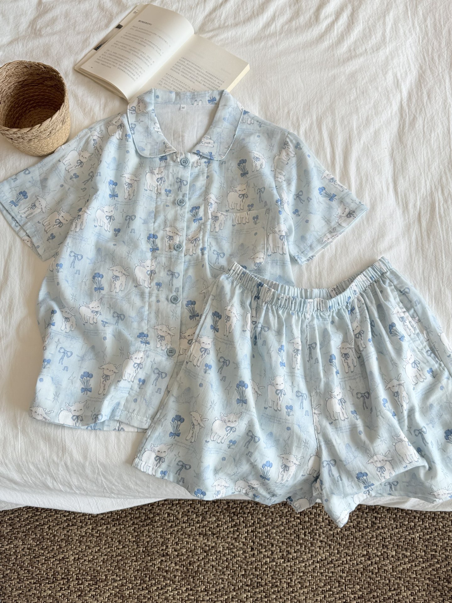 A类全棉春夏季双层棉纱睡衣女可爱狗狗短袖短裤学生纯棉家居服 43