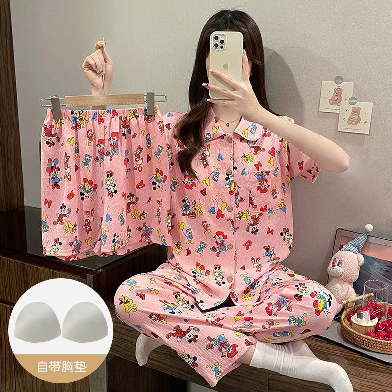 日系可爱纯棉纱布三件套带胸垫睡衣女夏天2026新款短袖家居服薄款 61