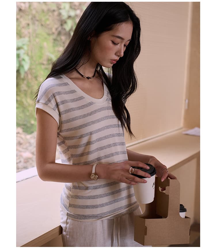 黛嘉雯夏季蚕丝羊毛短袖T恤女天丝莫代尔鹅蛋脸修身显瘦落肩上衣 31