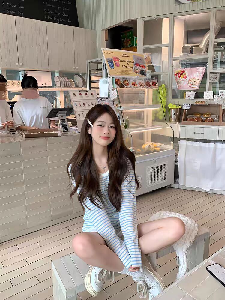 娇茜婷 蓝色V领条纹防晒长袖T恤女韩系松弛慵懒感宽松罩衫上衣女 5