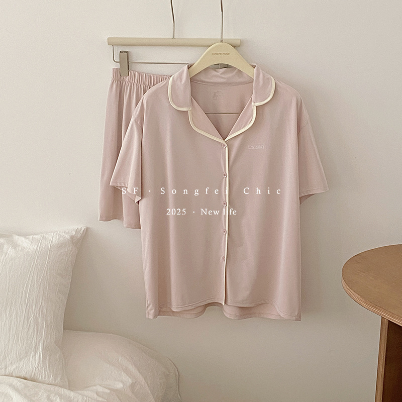 3109白撞色开衫冰皮睡衣女套装凉感夏季短袖短裤家居服女跨境外贸