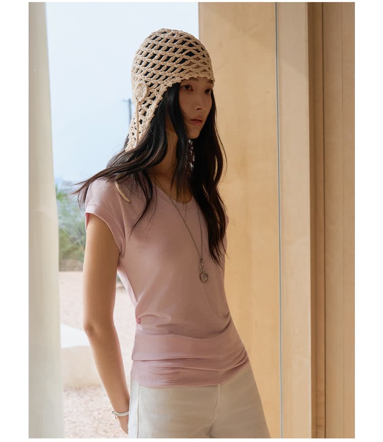 黛嘉雯夏季蚕丝羊毛短袖T恤女天丝莫代尔鹅蛋脸修身显瘦落肩上衣 32