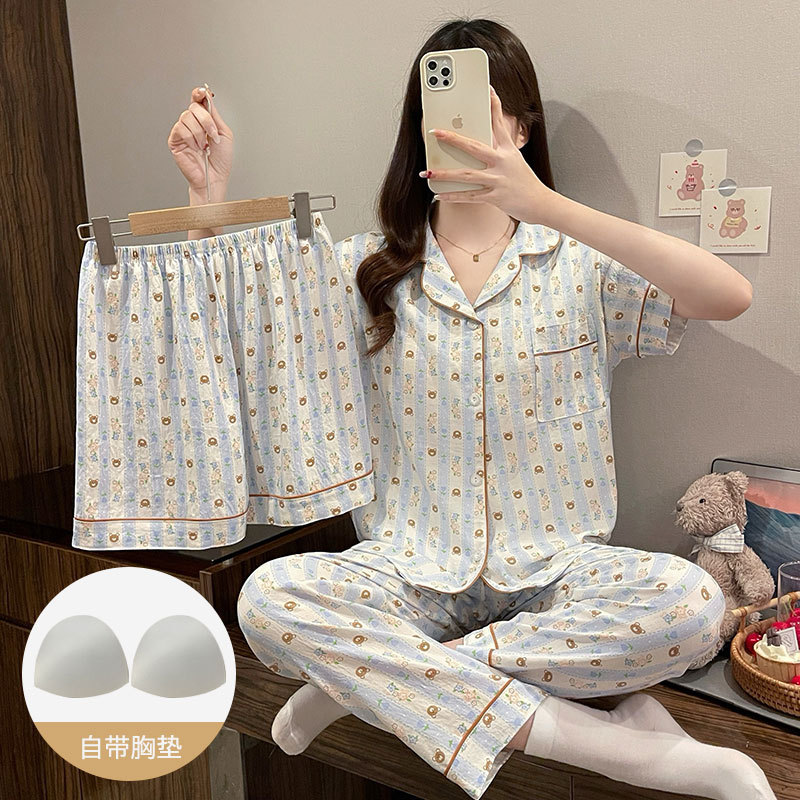 日系可爱纯棉纱布三件套带胸垫睡衣女夏天2026新款短袖家居服薄款 54