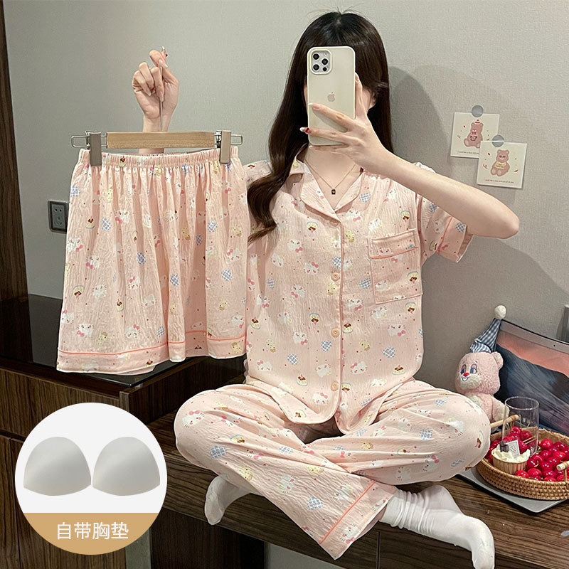 日系可爱纯棉纱布三件套带胸垫睡衣女夏天2026新款短袖家居服薄款 49