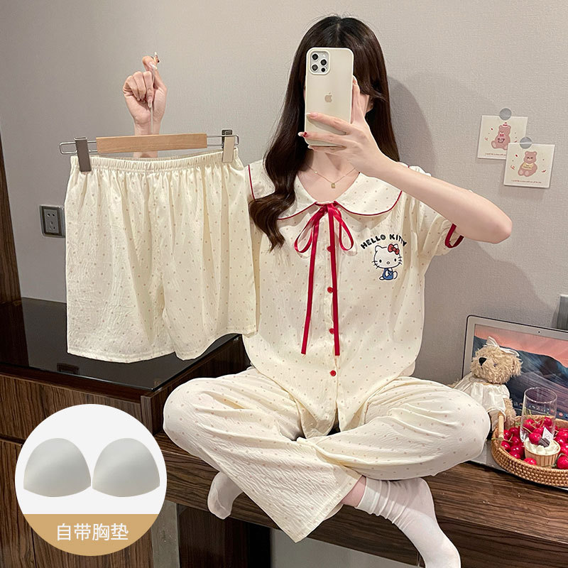 日系可爱纯棉纱布三件套带胸垫睡衣女夏天2026新款短袖家居服薄款 58