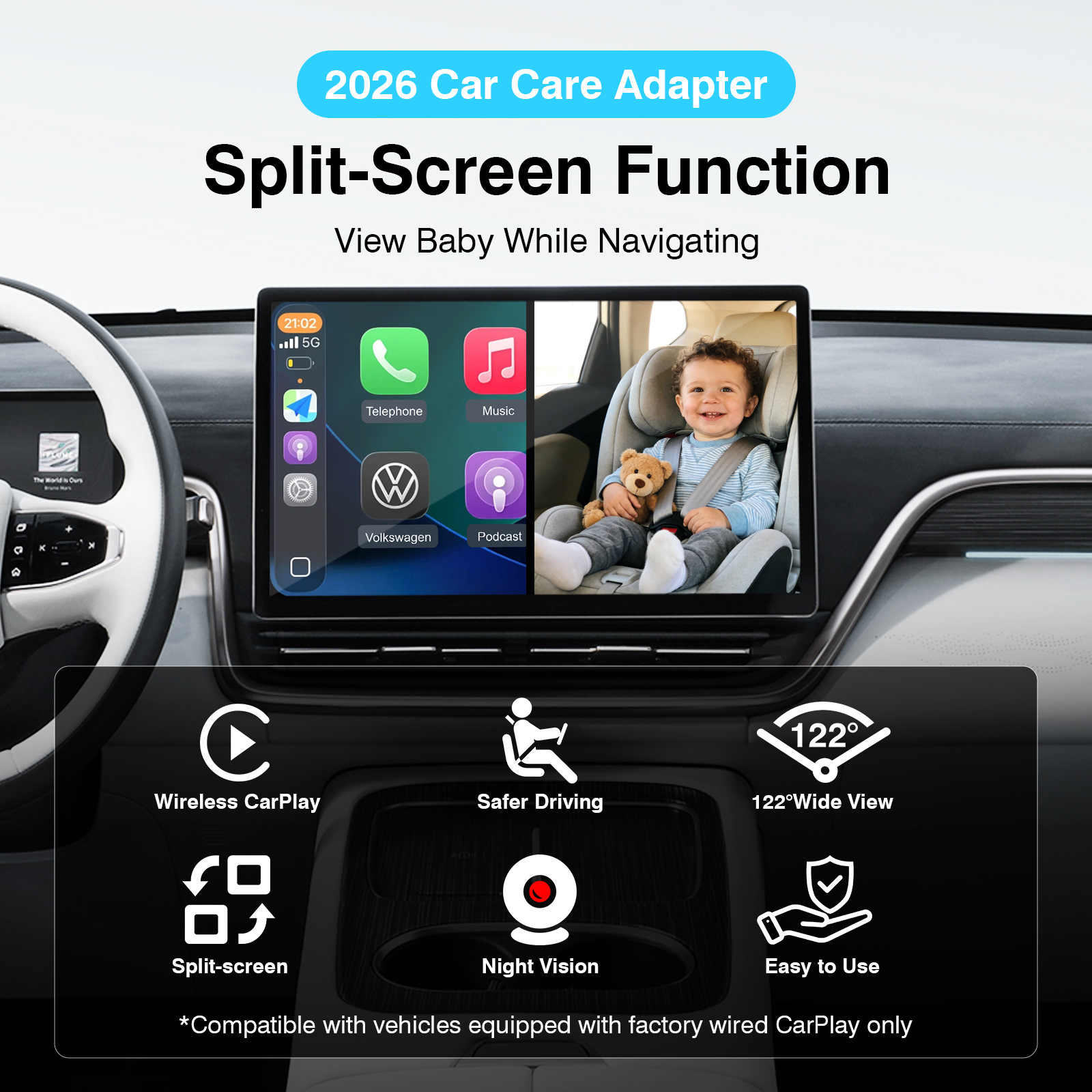 无线投屏车载婴儿监视器无线carplay/auto高清红外夜视实时显示 5
