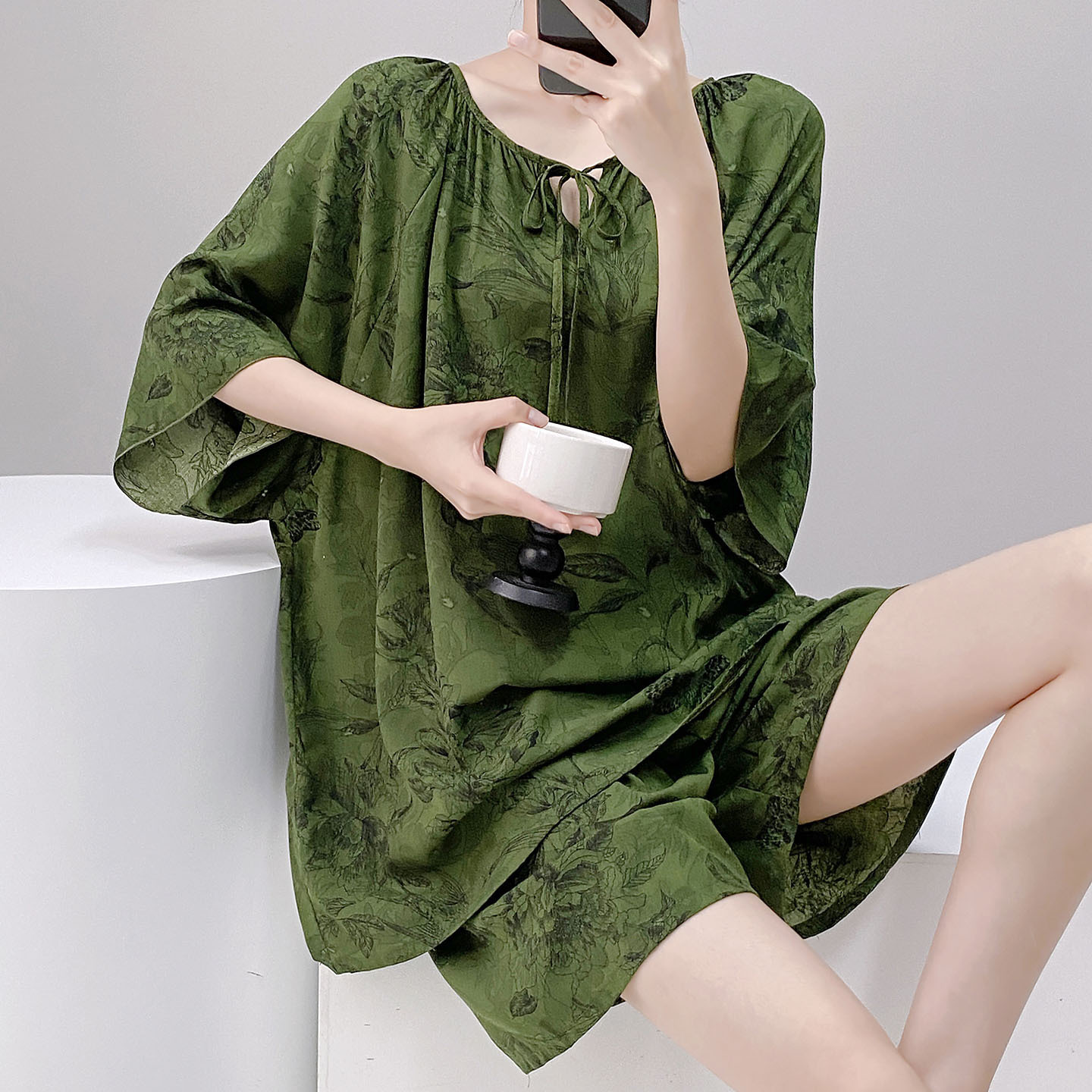 棉绸世家睡衣女款短袖短裤套装家居服时尚高级感短袖套装薄可外穿
