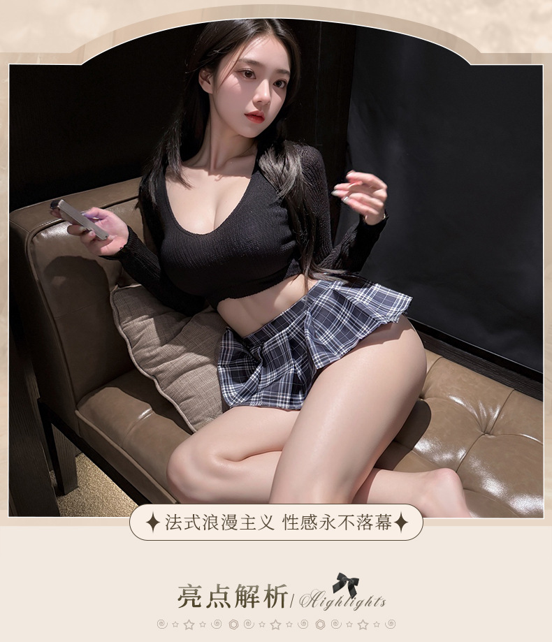 情趣内衣制服诱惑学生jk格子超短裙低领口毛衣套装百褶裙一件代发 4