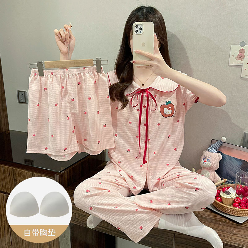 日系可爱纯棉纱布三件套带胸垫睡衣女夏天2026新款短袖家居服薄款 57