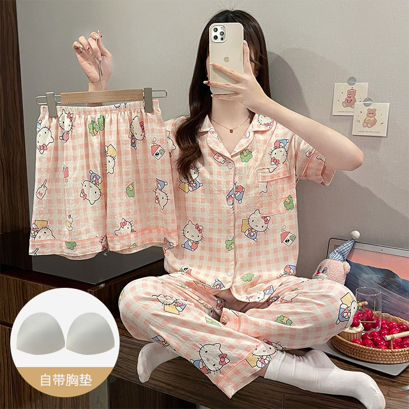 日系可爱纯棉纱布三件套带胸垫睡衣女夏天2026新款短袖家居服薄款 53