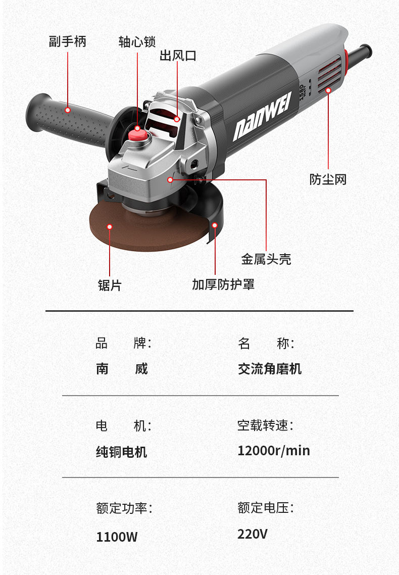 南威纯铜工业级大功率角磨机磨光切割手磨抛光手砂轮批发电动工具 19