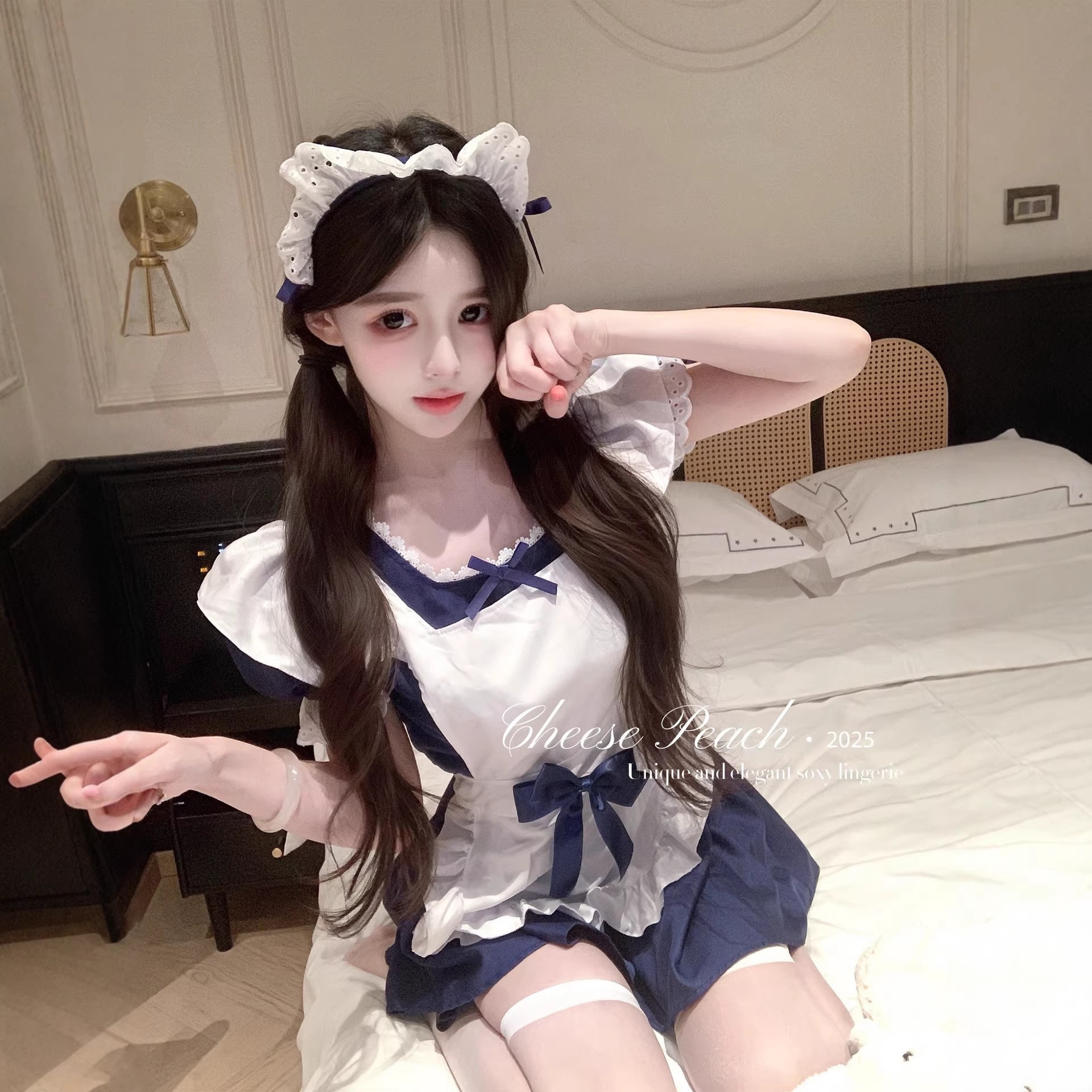 西诗蓝白萌仆*纯欲可爱猫咪蝴蝶结女仆围裙连衣裙性感套装女