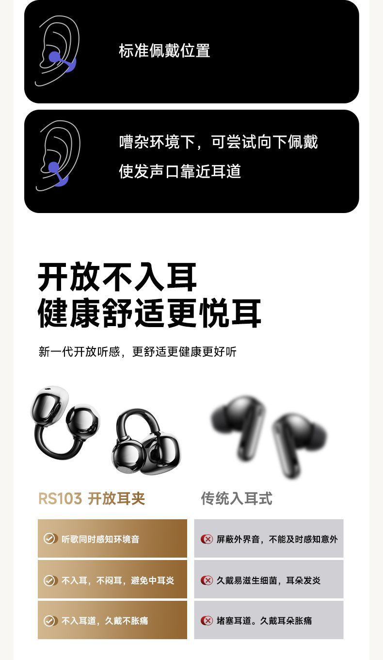 联想RS103真无线蓝牙耳机夹耳式高音质运动长续航TWS蓝牙耳机5.3 5