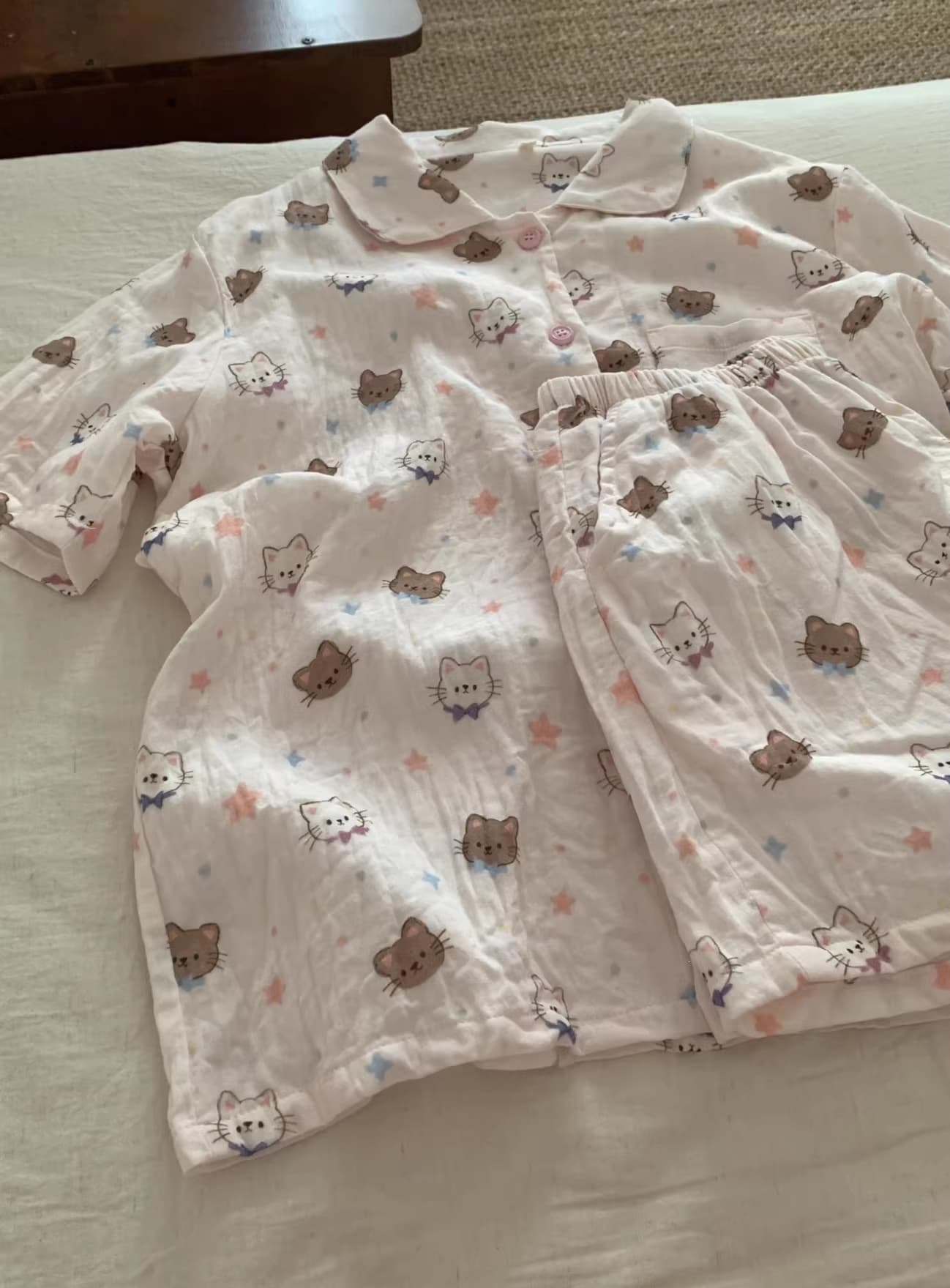 短袖短裤~100%棉A类双层纱小翻领少女睡衣套装夏季家居服