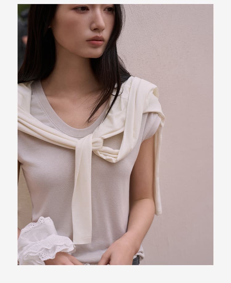黛嘉雯夏季蚕丝羊毛短袖T恤女天丝莫代尔鹅蛋脸修身显瘦落肩上衣 19