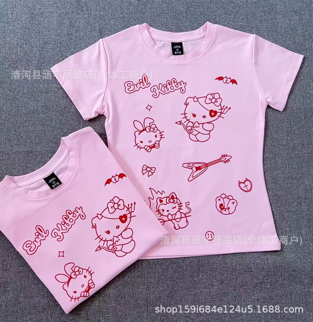 BasicTops女士修身夏季欧美跨境螺纹棉T恤黄色卡通印花基础上衣T 11