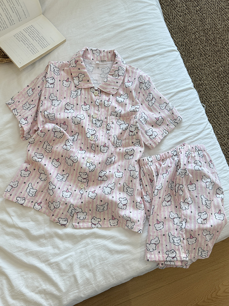 A类全棉春夏季双层棉纱睡衣女可爱狗狗短袖短裤学生纯棉家居服 7
