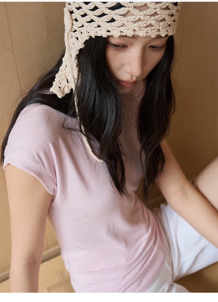 黛嘉雯夏季蚕丝羊毛短袖T恤女天丝莫代尔鹅蛋脸修身显瘦落肩上衣 14