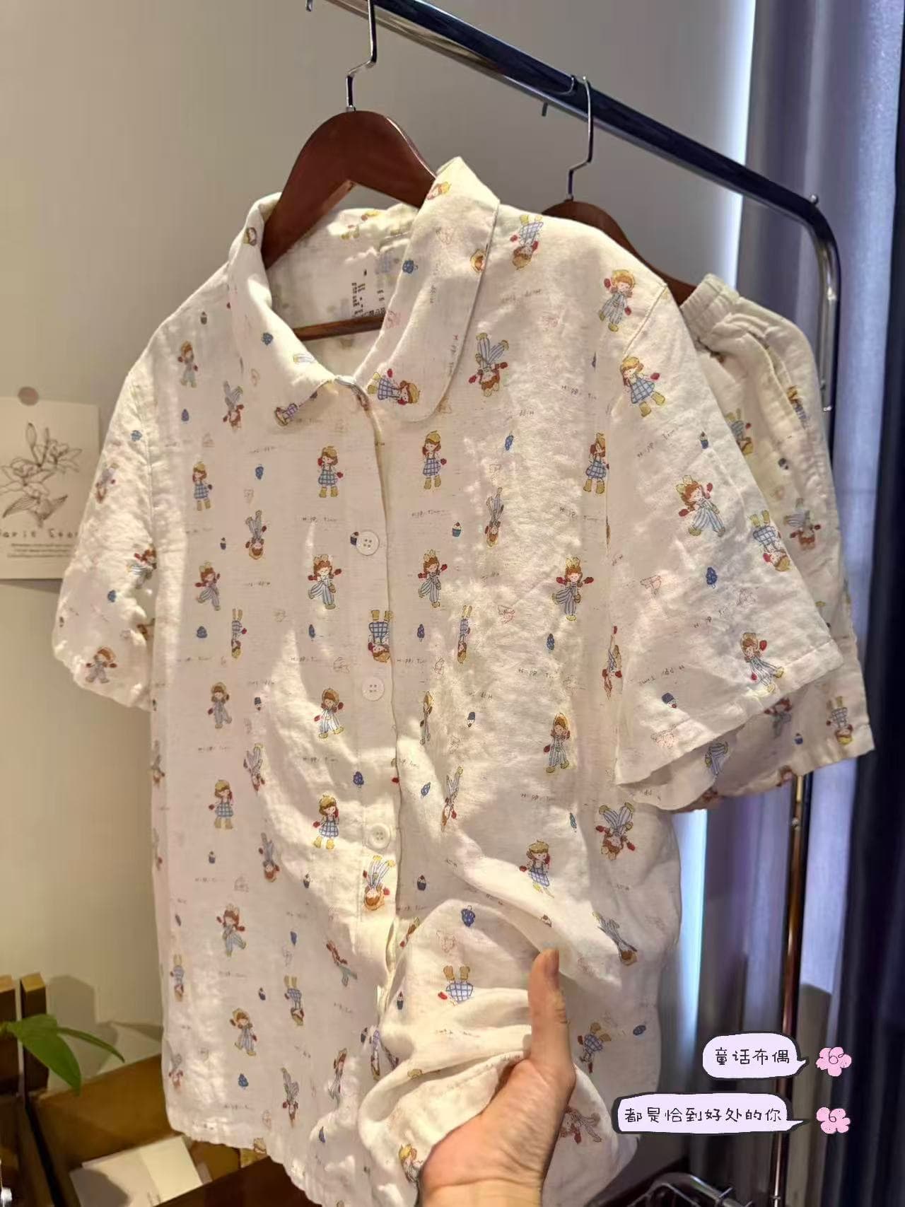 夏日新款~娃娃领短袖短裤A类100棉双层纱睡衣家居服纱布卡通可爱