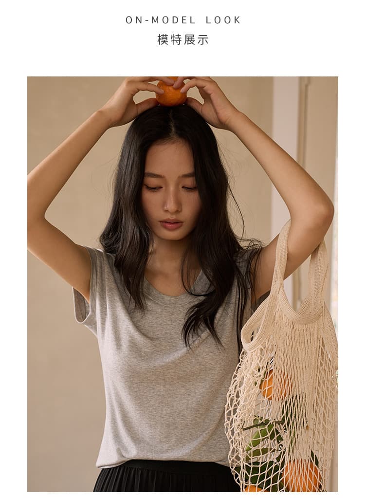 黛嘉雯夏季蚕丝羊毛短袖T恤女天丝莫代尔鹅蛋脸修身显瘦落肩上衣 27