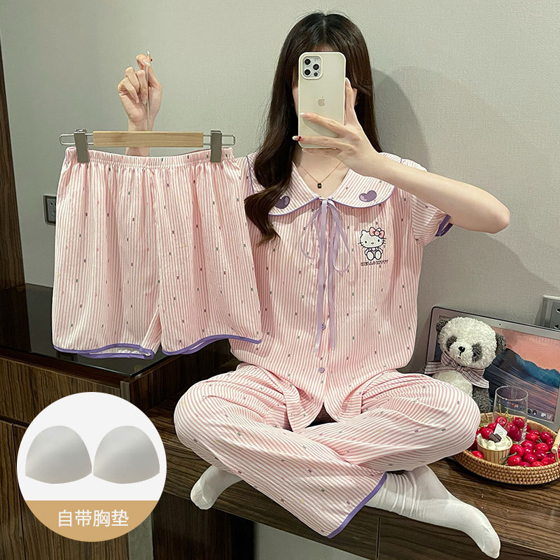 日系可爱纯棉纱布三件套带胸垫睡衣女夏天2026新款短袖家居服薄款 59