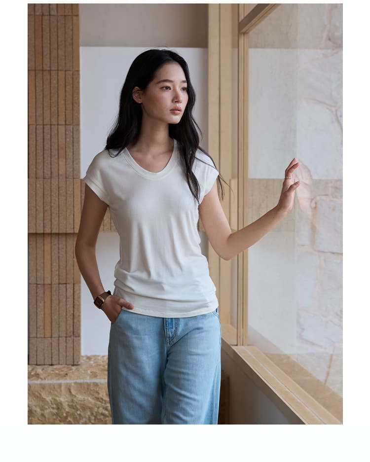 黛嘉雯夏季蚕丝羊毛短袖T恤女天丝莫代尔鹅蛋脸修身显瘦落肩上衣 33