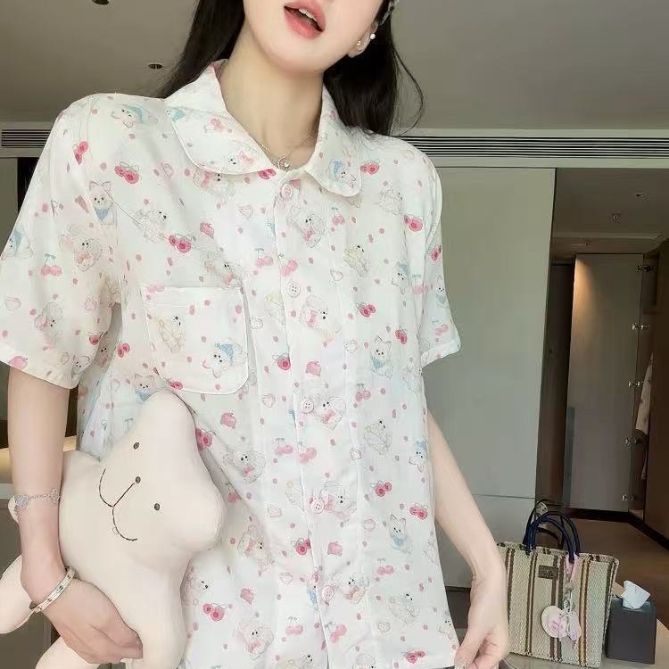 A类全棉春夏季双层棉纱睡衣女可爱狗狗短袖短裤学生纯棉家居服 35