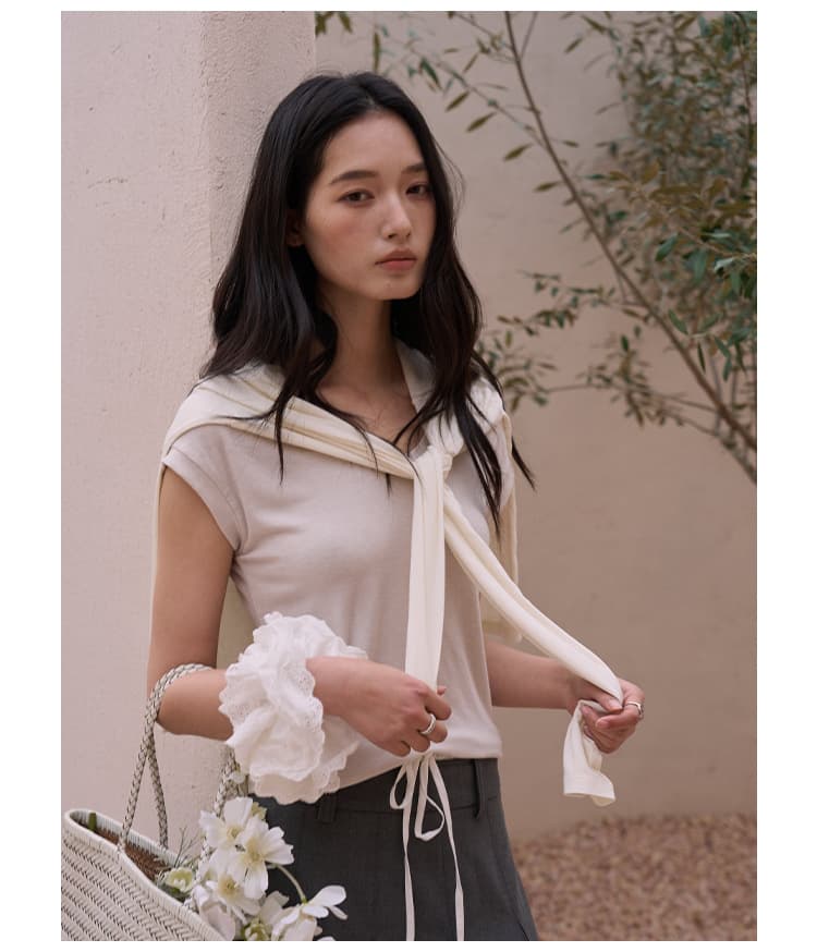 黛嘉雯夏季蚕丝羊毛短袖T恤女天丝莫代尔鹅蛋脸修身显瘦落肩上衣 29