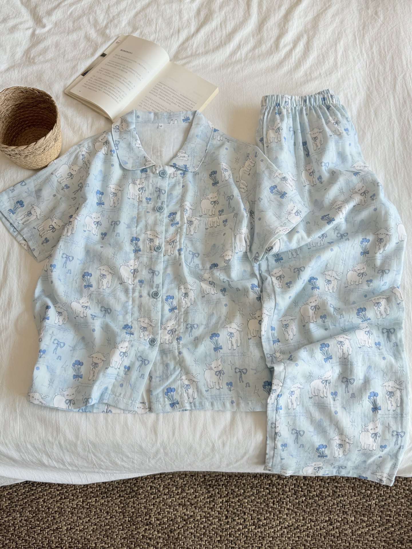 A类全棉春夏季双层棉纱睡衣女可爱狗狗短袖短裤学生纯棉家居服 44