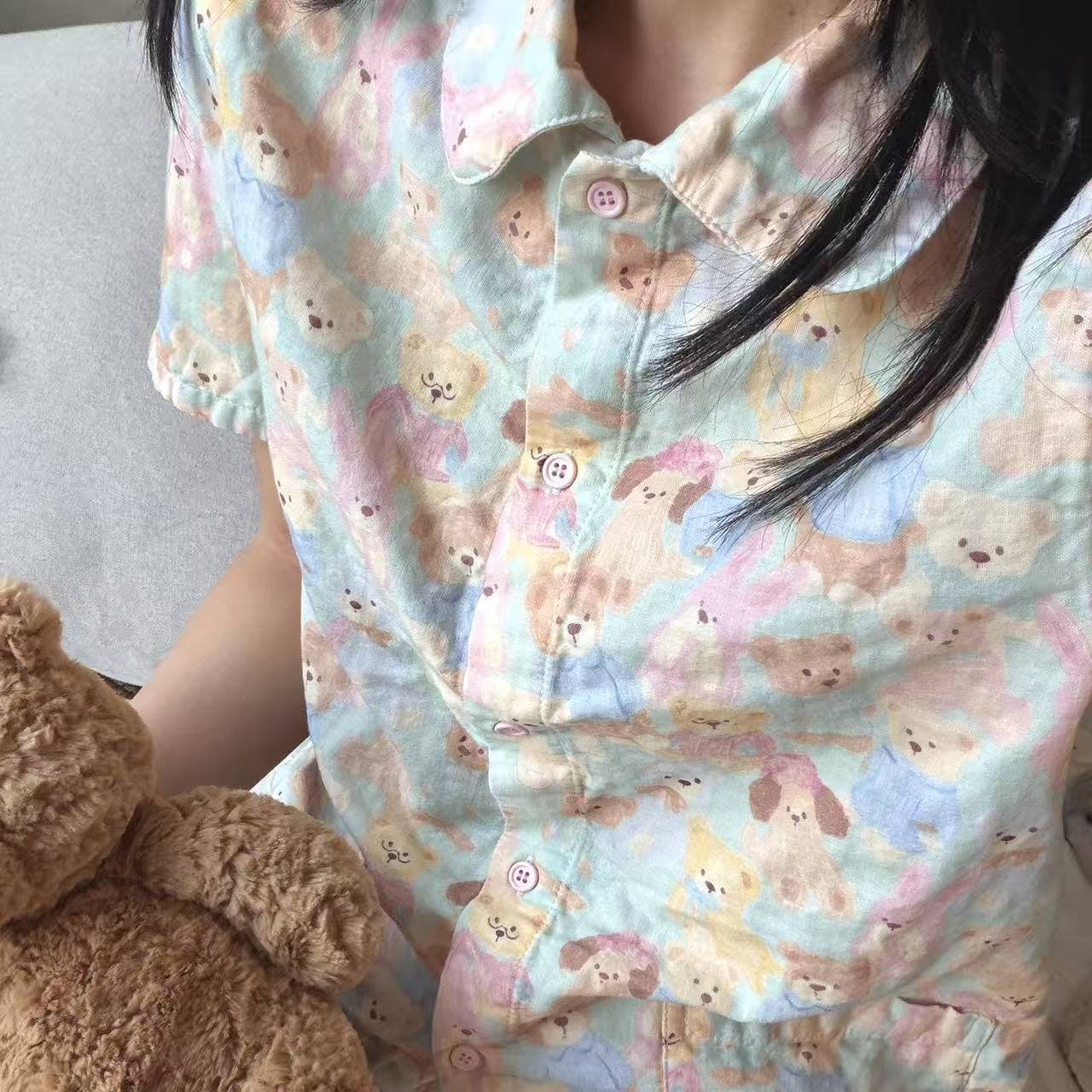 夏日新款~娃娃领短袖短裤A类100棉双层纱睡衣家居服纱布卡通可爱 13