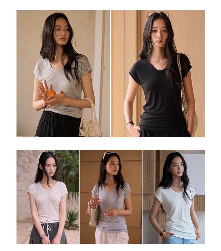 黛嘉雯夏季蚕丝羊毛短袖T恤女天丝莫代尔鹅蛋脸修身显瘦落肩上衣 20