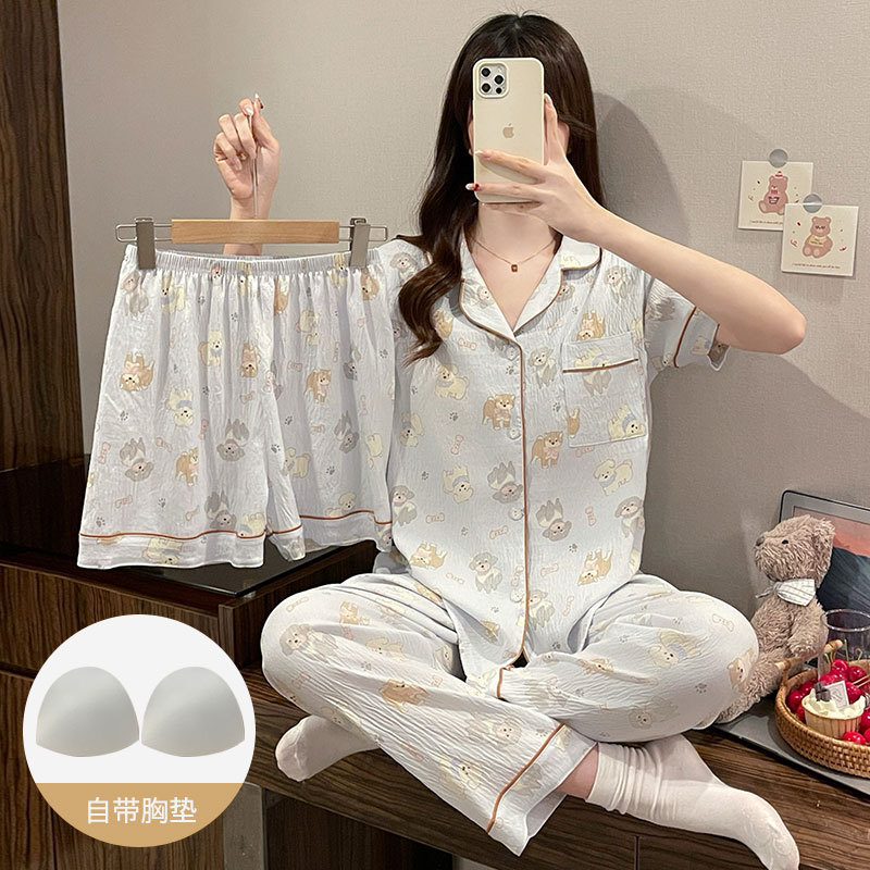日系可爱纯棉纱布三件套带胸垫睡衣女夏天2026新款短袖家居服薄款 56