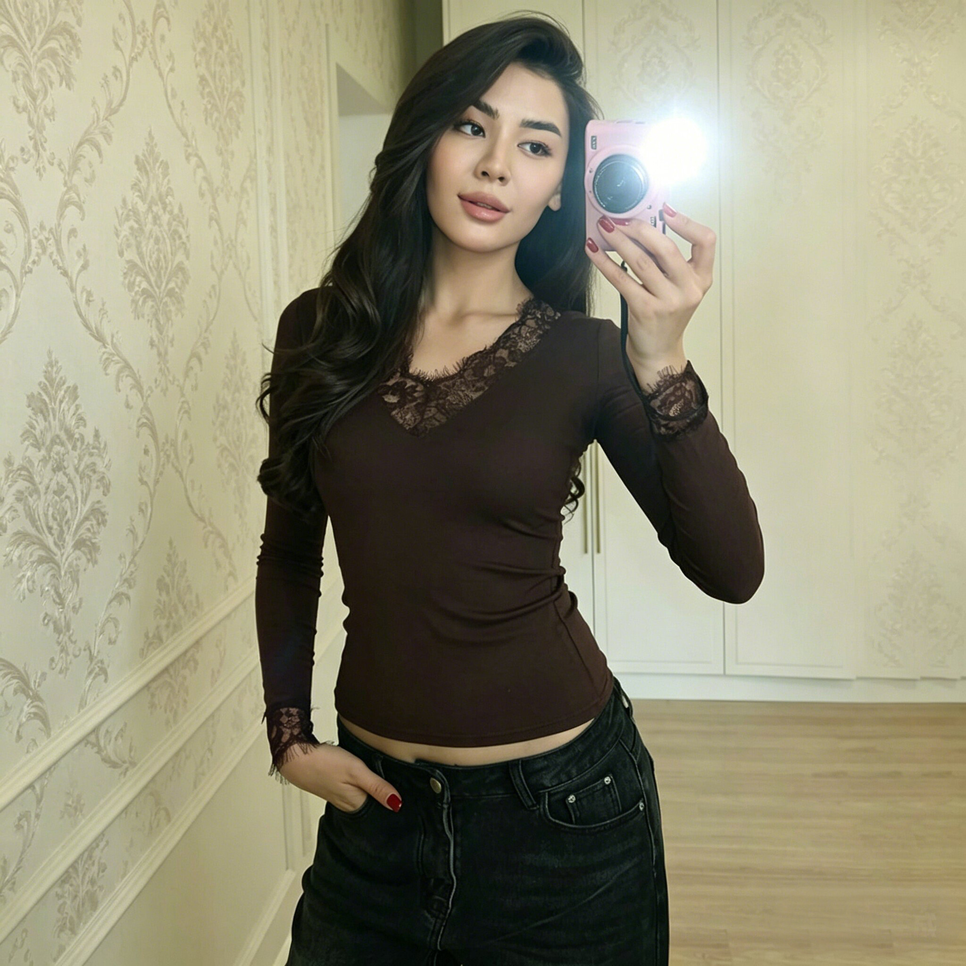 纯欲性感新款V领蕾丝花边长袖T恤女春秋辣妹修身显瘦打底上衣女潮