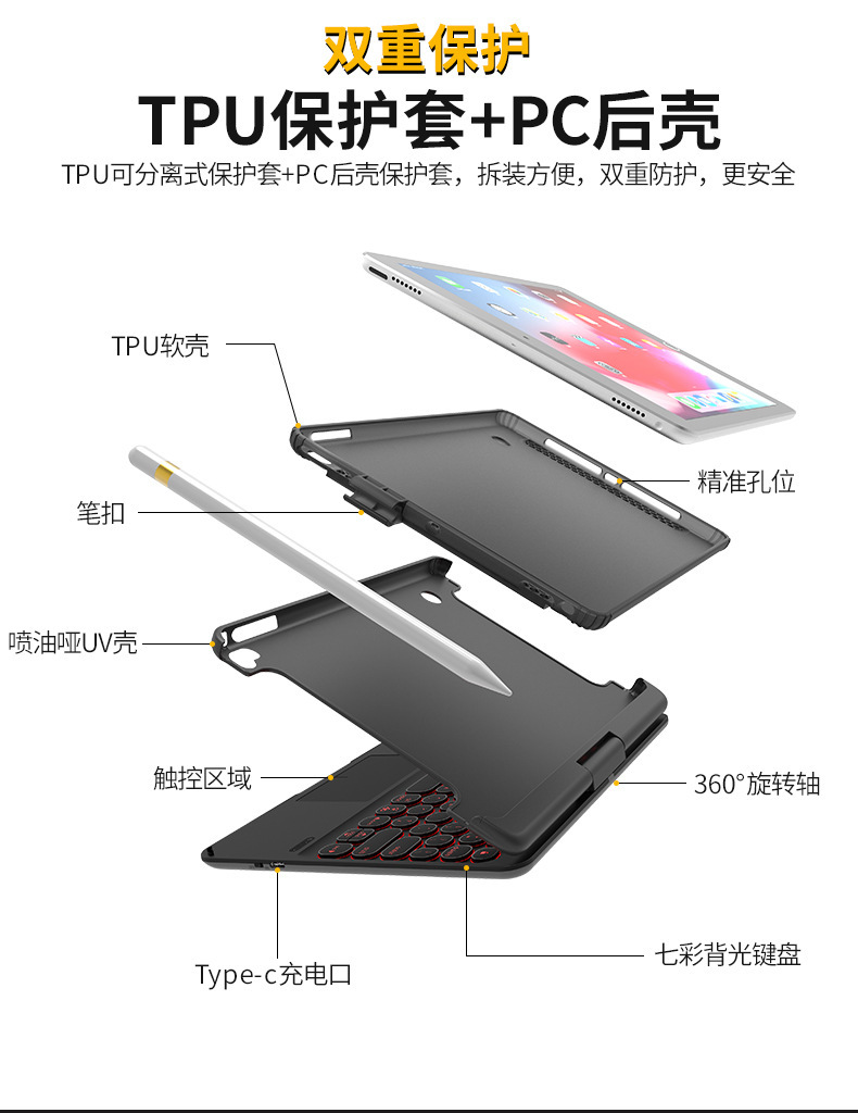360度旋转妙控键盘 适用iPad平板带笔槽触摸板圆帽键厂批直销 4
