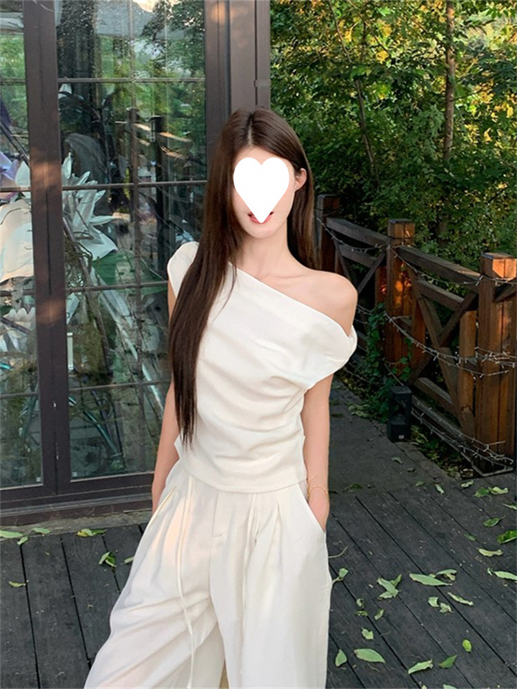 1*1随心裁时尚高级感气质穿搭斜肩T恤女2025夏季新款不规则上衣 5