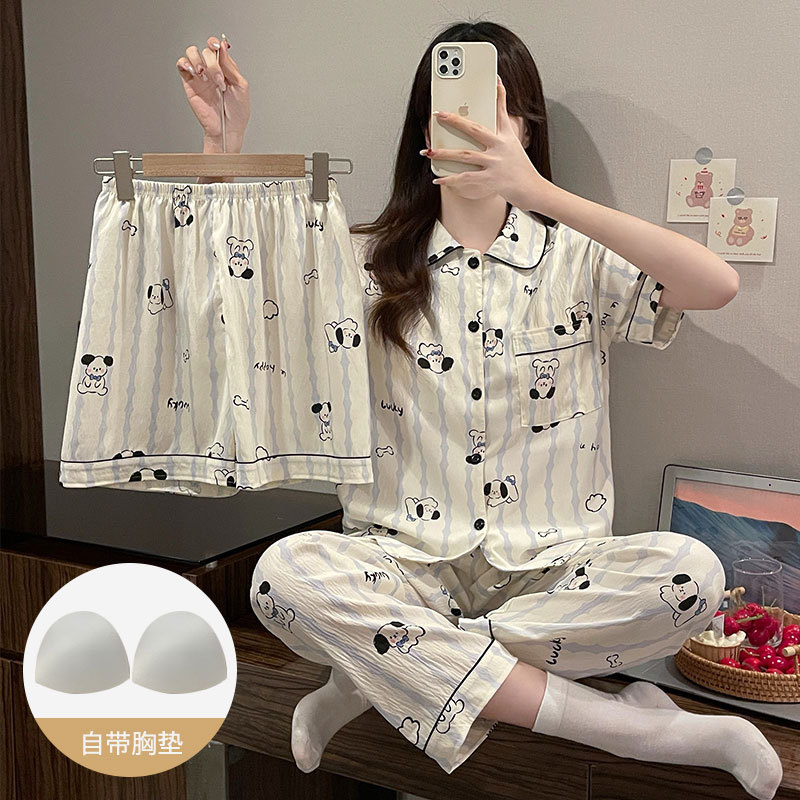 日系可爱纯棉纱布三件套带胸垫睡衣女夏天2026新款短袖家居服薄款 51