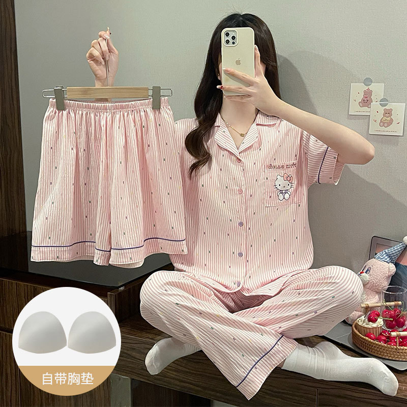 日系可爱纯棉纱布三件套带胸垫睡衣女夏天2026新款短袖家居服薄款 52