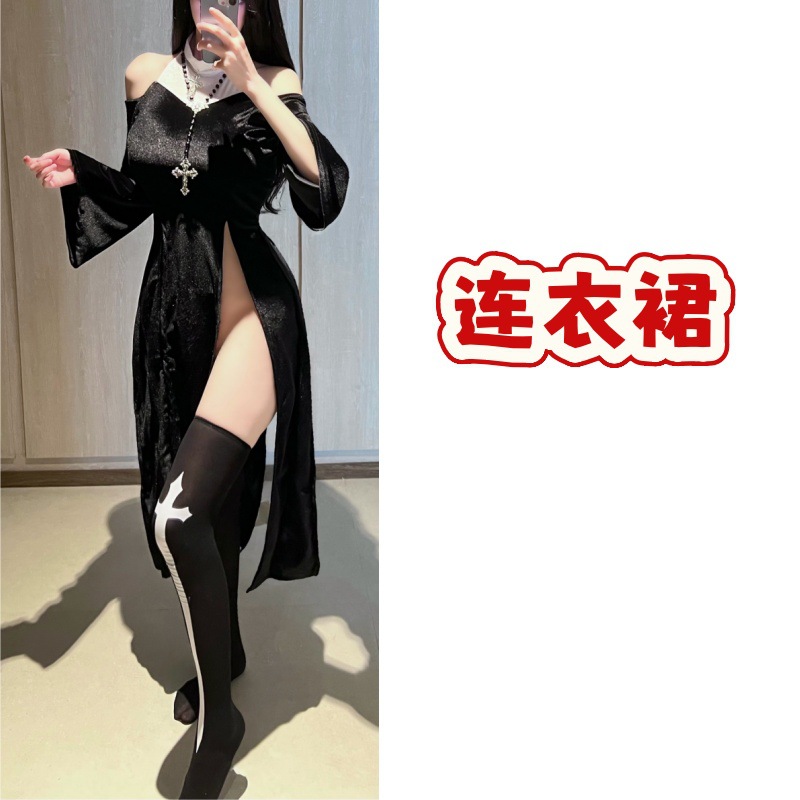 法式名修身挂脖连衣裙气质收腰开叉中长裙子暗黑系吊坠项链万圣节