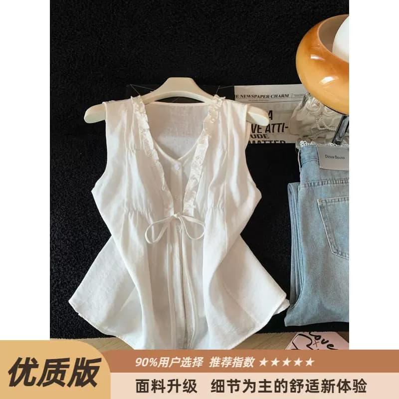 法式小资花边v领背心衬衫女夏季设计感小众无袖遮肉宽松白色上衣