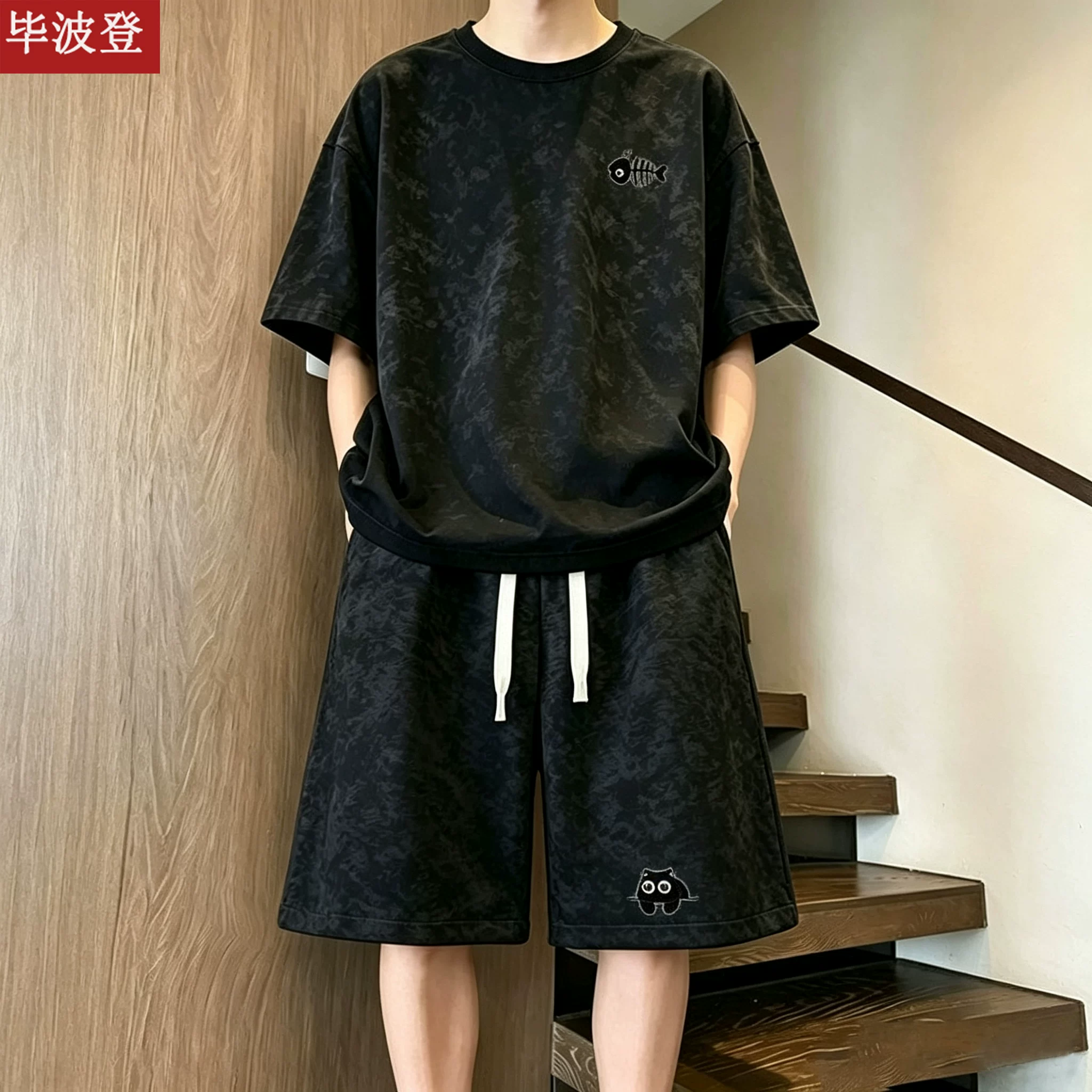 扎染男士夏季短袖短裤套装2026新款运动T恤慵懒风百搭帅气两件套