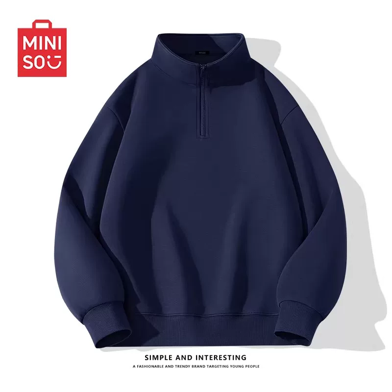 MINISO/名创优品半拉链立领卫衣男秋季美式藏青纯色重磅正肩外套Y
