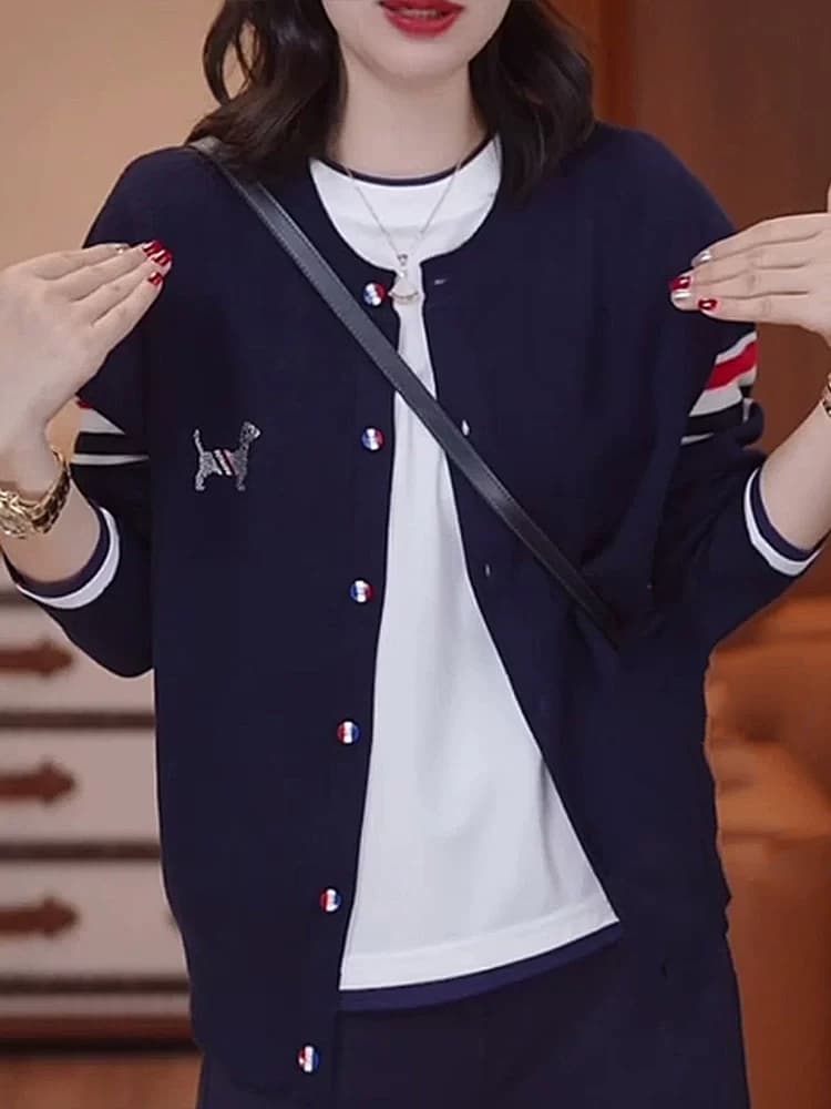 欧货时尚拼色条纹毛衣外套女2025韩版开衫刺绣休闲爆款针织衫上衣