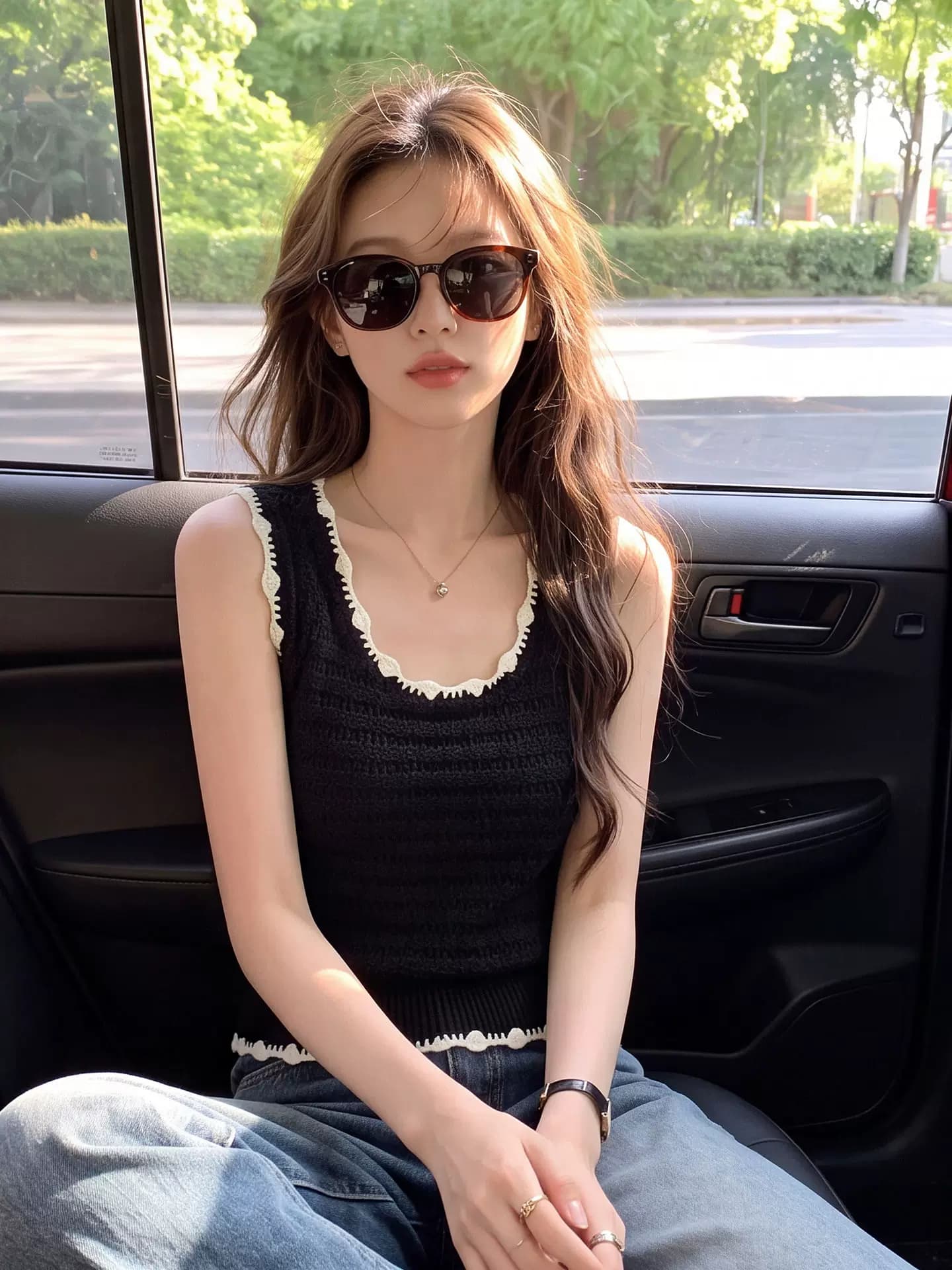 黑色撞色蕾丝花边针织背心女夏季U领波浪边肌理修身短款无袖上衣