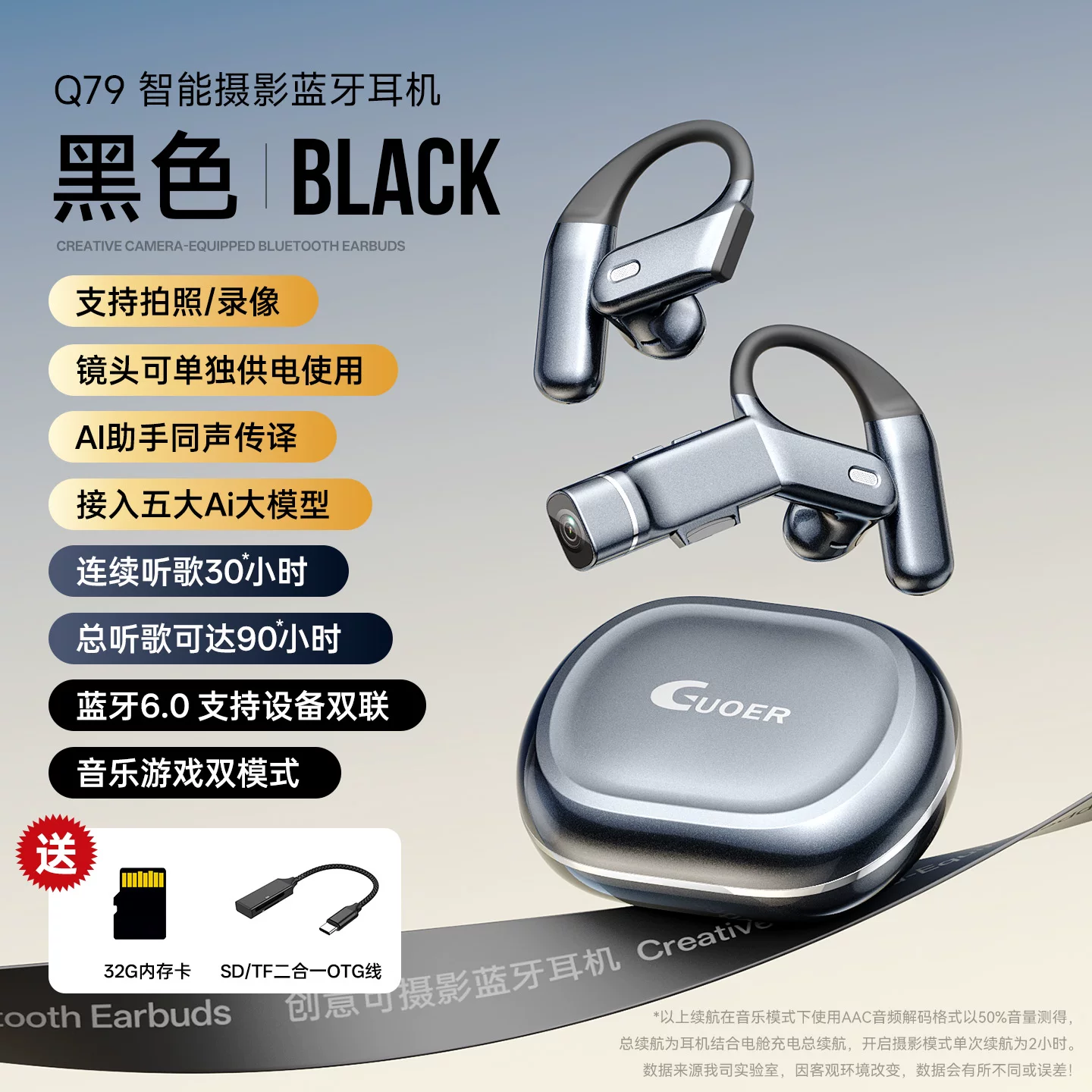 AI智能无线蓝牙耳机挂耳式摄录像骑行记录仪运动超长续航2026新款