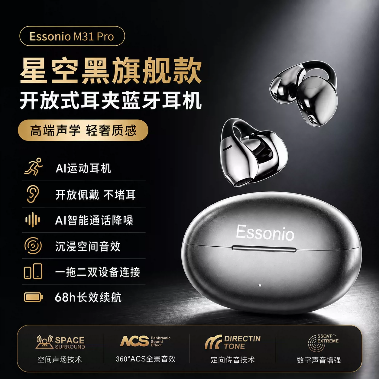 ESSONIO ES-M31Pro耳夹式蓝牙耳机开放无线跑步2026新款APP一拖二