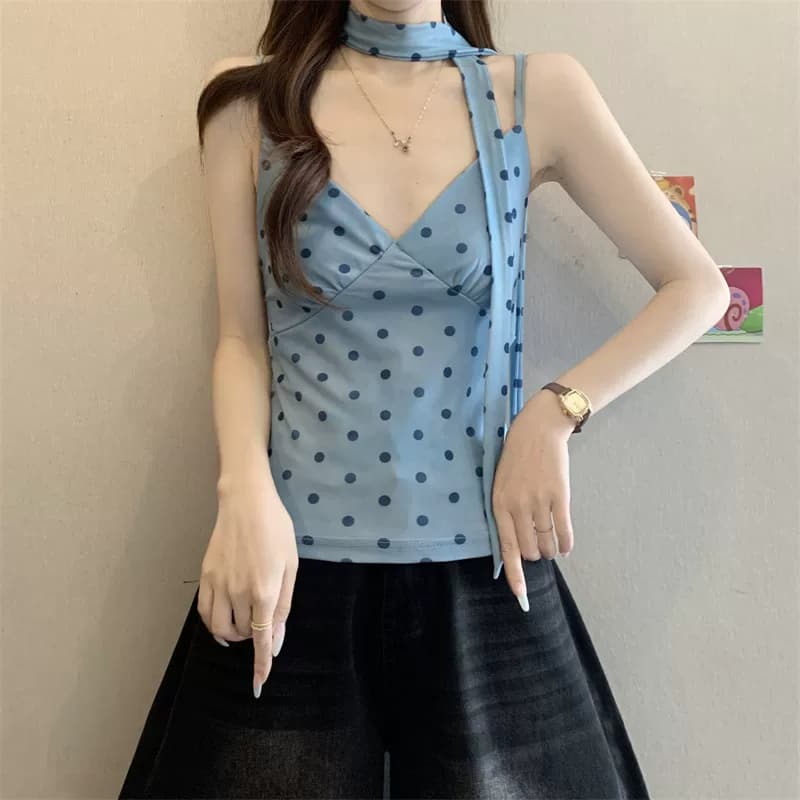橘黄波点V领围脖吊带背心女夏季多巴胺修身短款纯欲无袖甜辣上衣